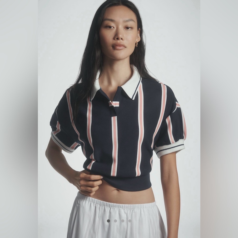 Anthropologie Navy Polo Top with Pink and White Stripes